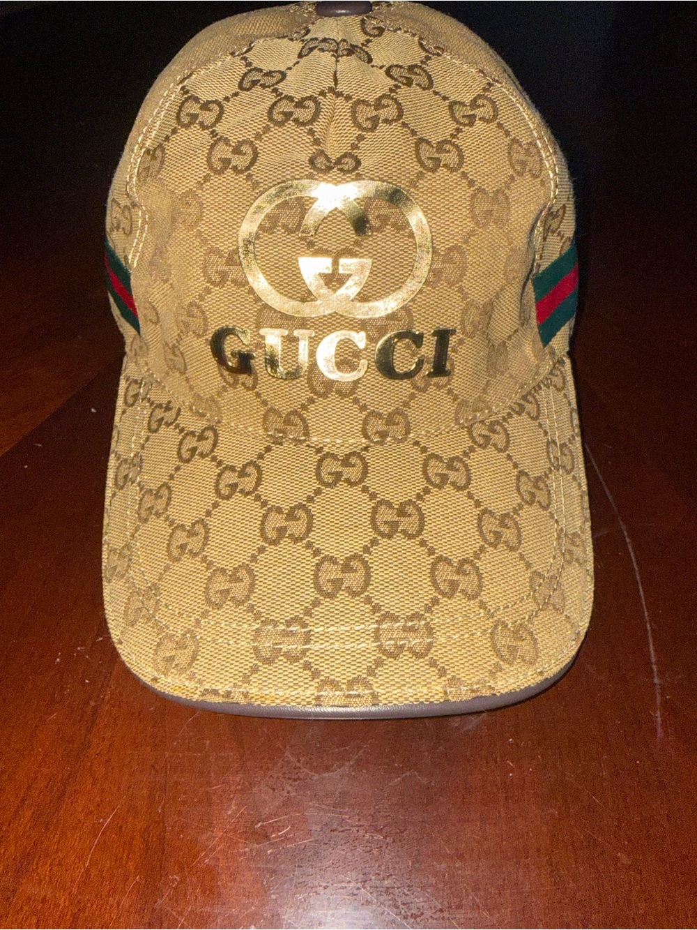 Gucci Tan GG Supreme Baseball Cap with Gold Logo and Green-Red Web